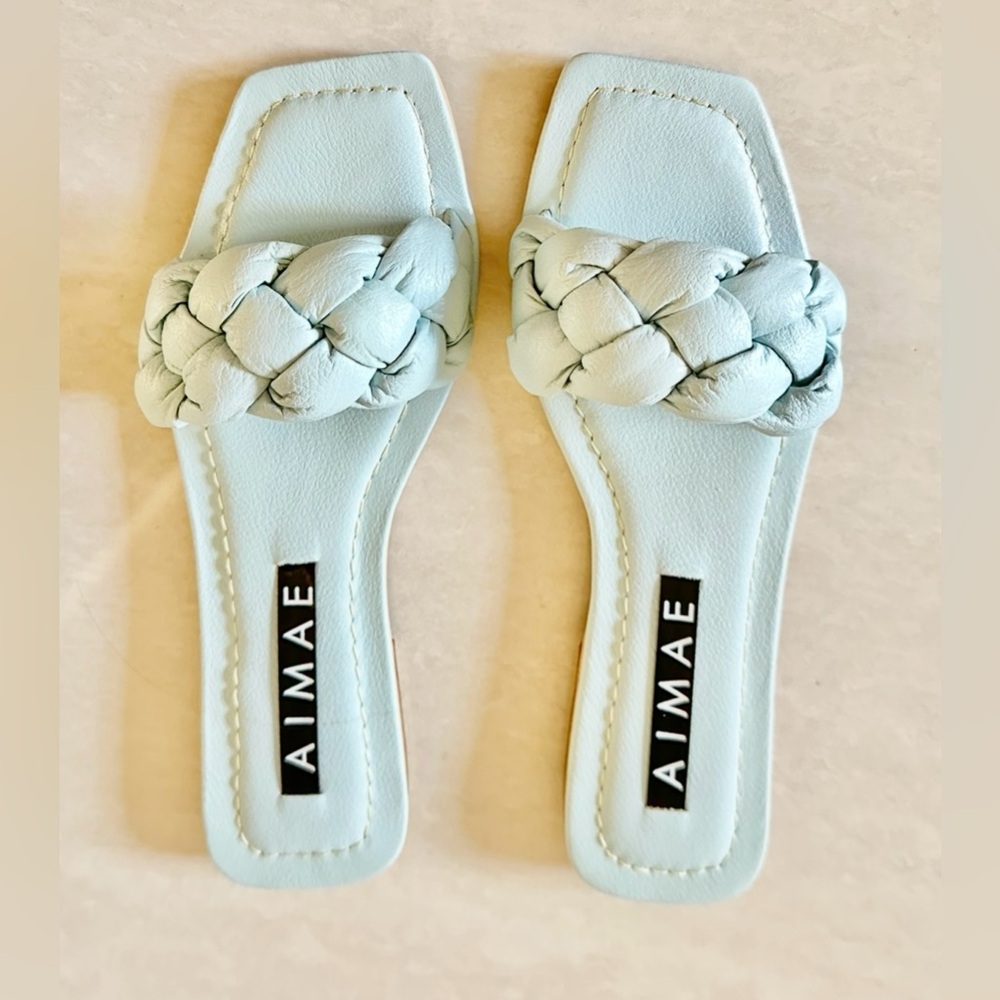 WOMEN'S LIGHT BLUE BRAIDED SLIDE FLAT SANDALS - SIZE VARIOUS